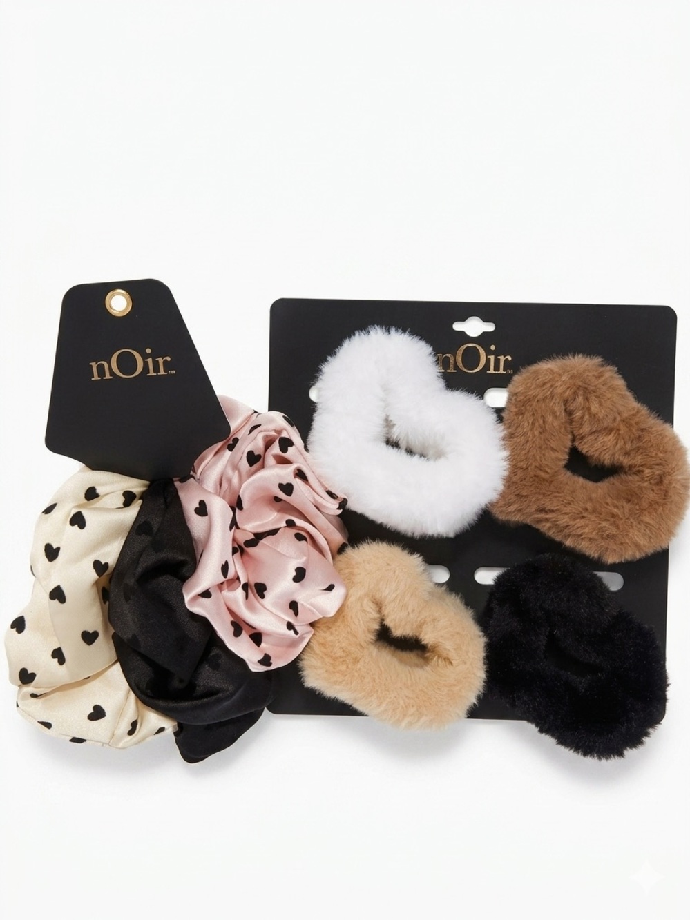 nOir Hair Accessory Bundle | Heart Scrunchies & Faux Fur Clips